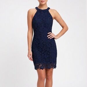 Lulu's Navy Blue Floral Lace Halter Dress